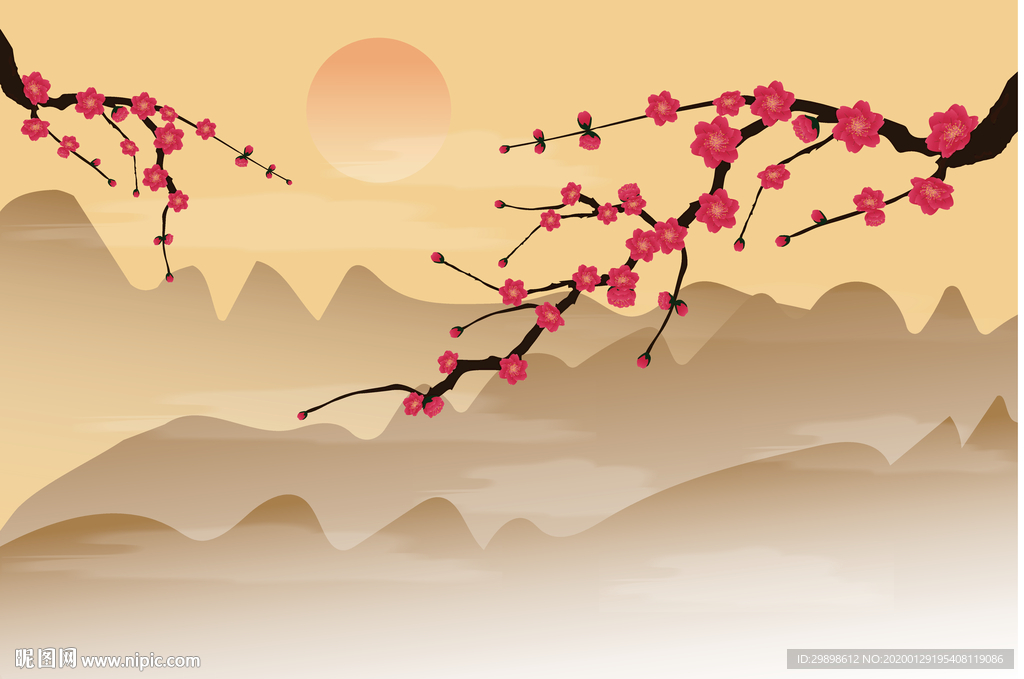 矢量图新中国风红梅群山画