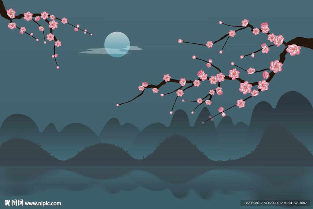 矢量图新中国风梅花群山画