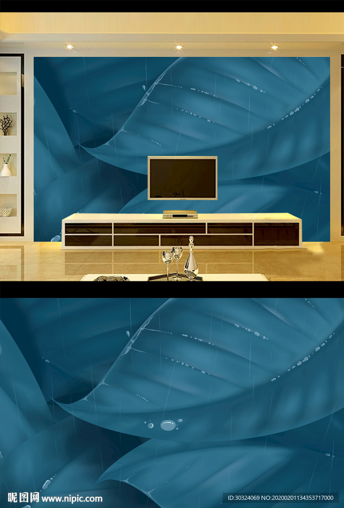 北欧蓝色树叶背景墙