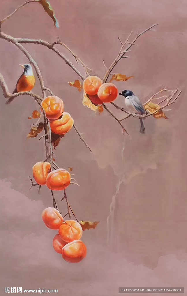 柿子花鸟油画