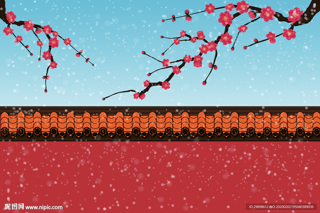 矢量图红墙黄瓦梅花枝雪景背景图