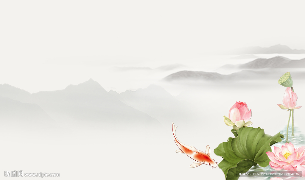 古典水墨清新荷花背景墙