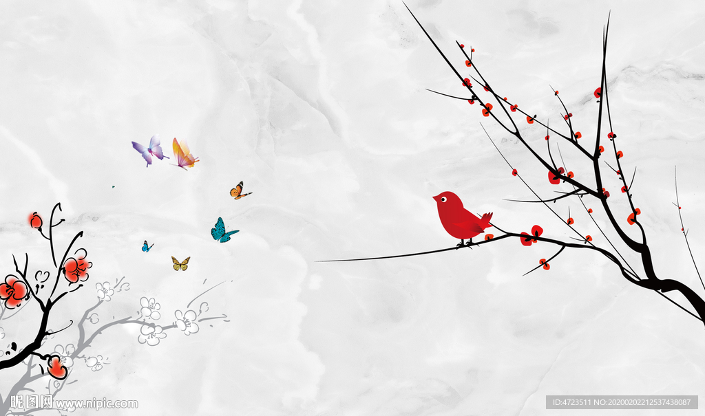 大理石纹简约鸟语花香背景墙