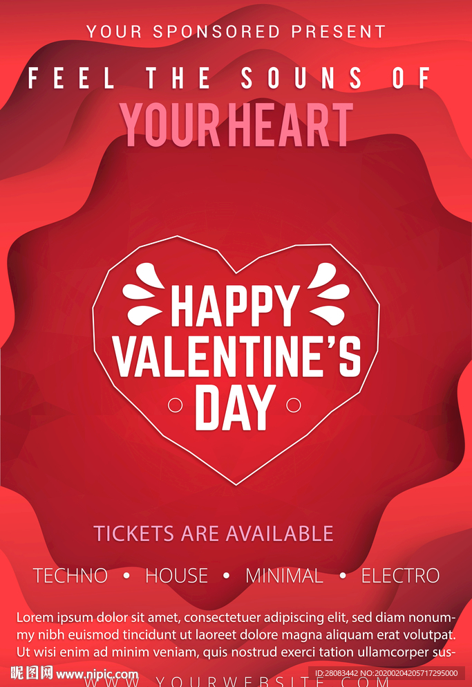 红色大气简约剪纸风情人节海报