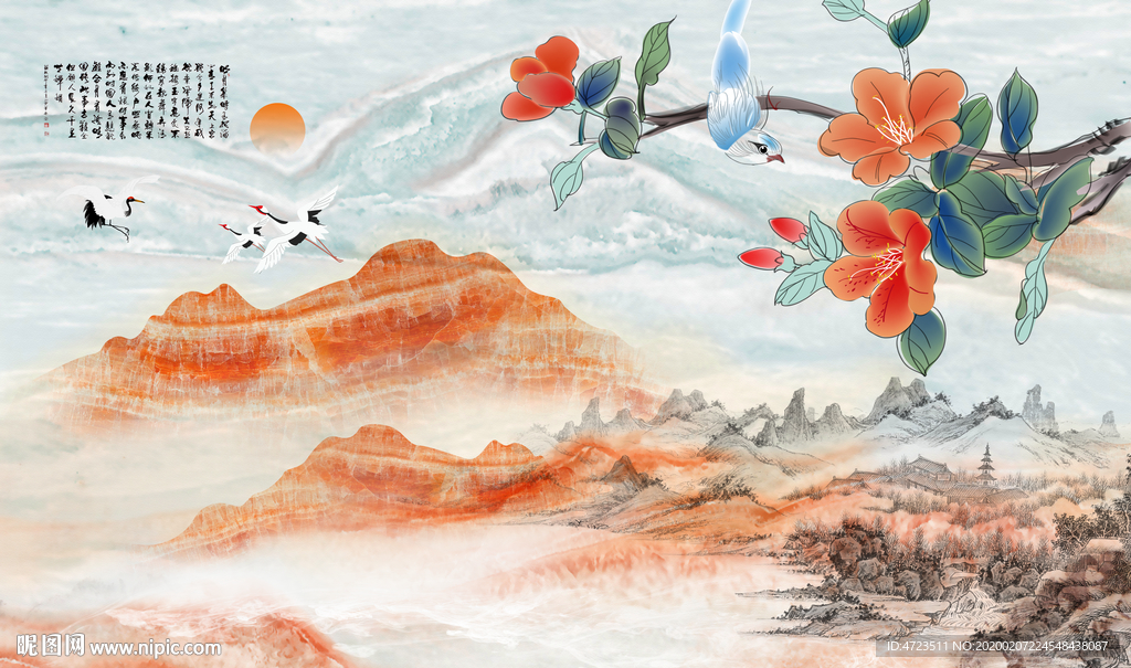 花鸟唯美仙境大理石电视背景墙