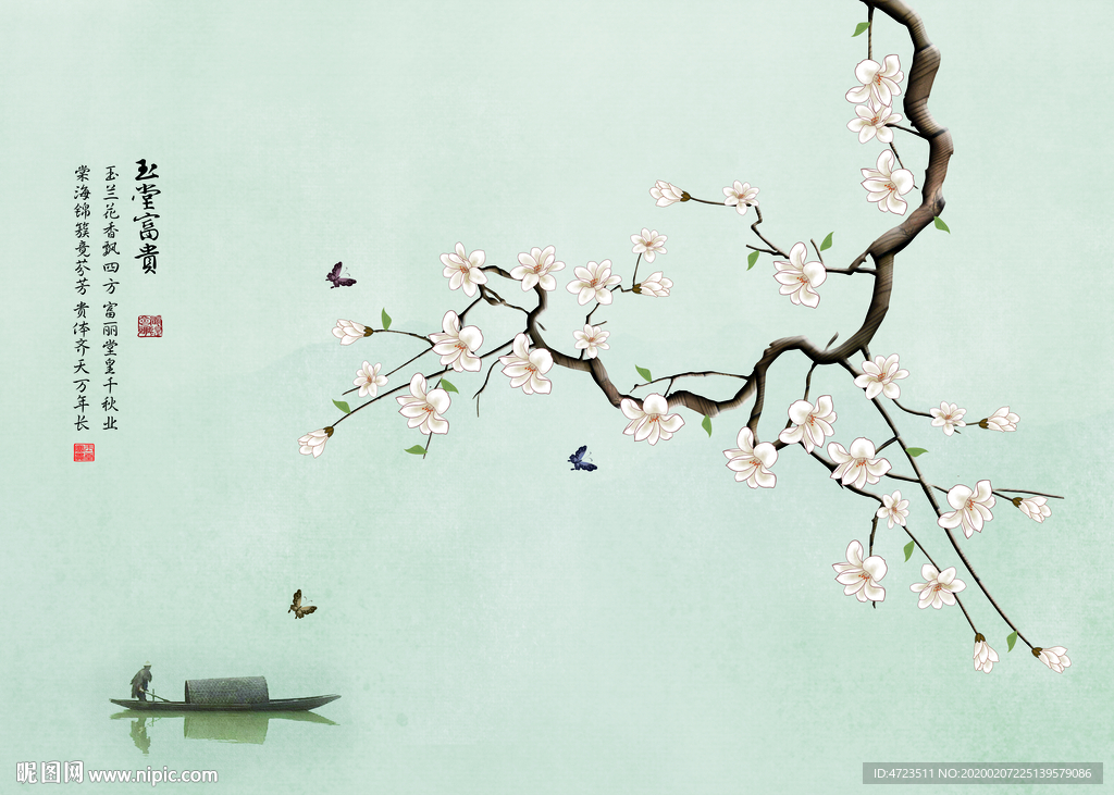 手绘玉兰工笔花鸟山水背景墙