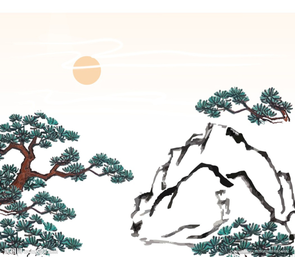 中国风迎客松夕阳风景画插画
