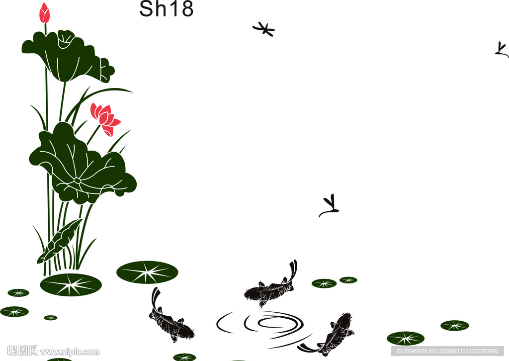 荷花蜻蜓鱼儿矢量图硅藻泥素材