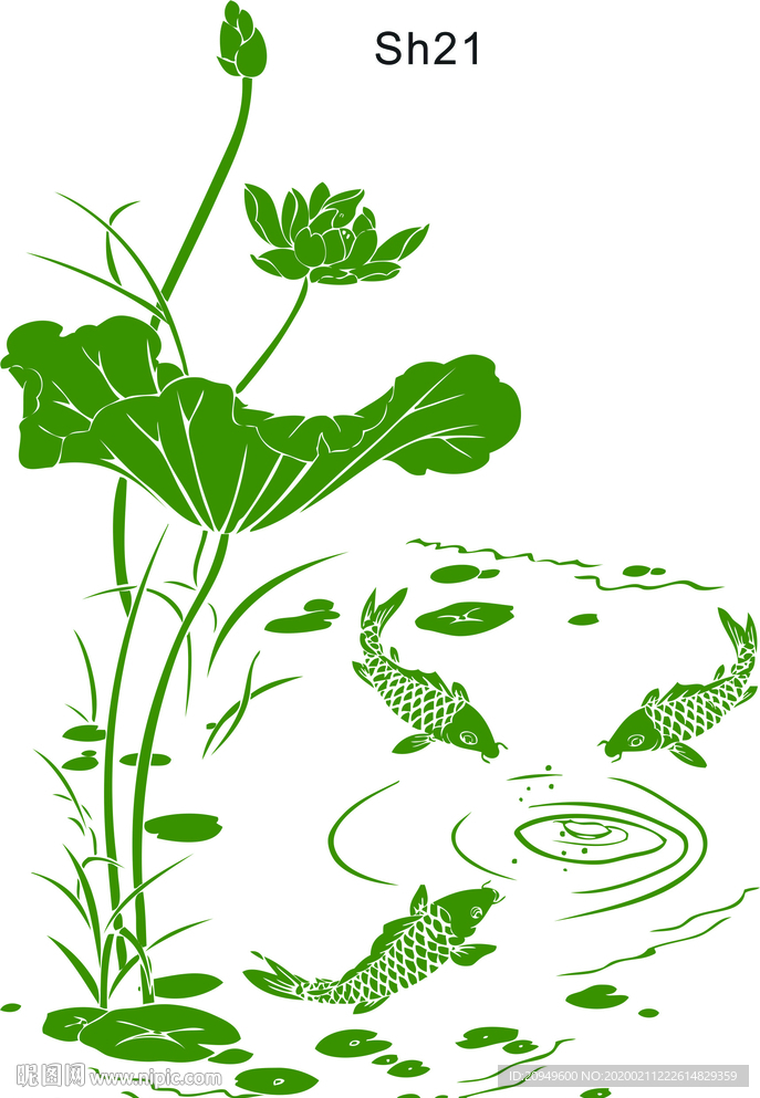 水波鱼儿荷花硅藻泥素材