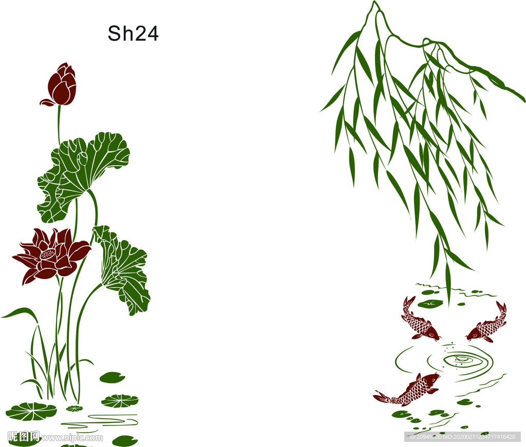 荷花鱼儿硅藻泥素材雕刻图