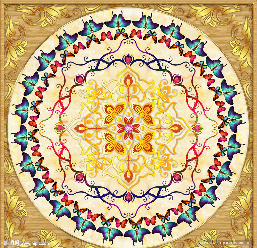 蝴蝶花纹欧式浮雕天顶壁画