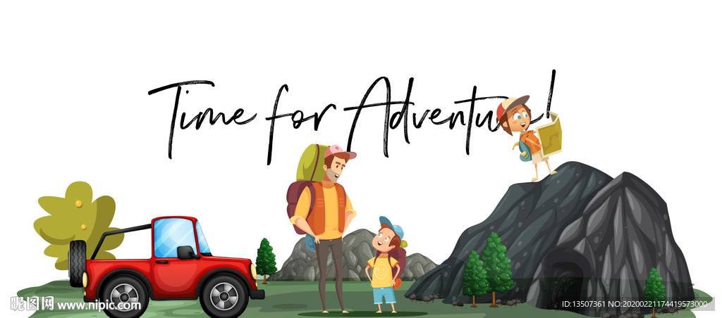 手绘父子去夏令营探险旅行插画