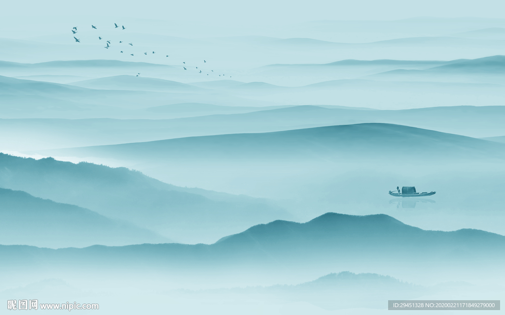 蓝色意境山水画 tif分层