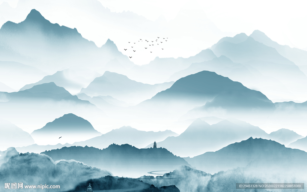 蓝色高清山水画 tif分层