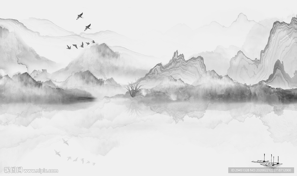 中式背景墙山水画 tif分层