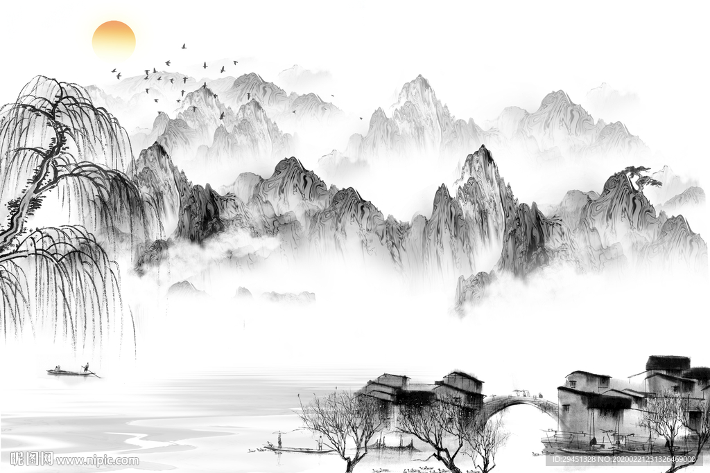 高端 背景墙山水画 tif分层