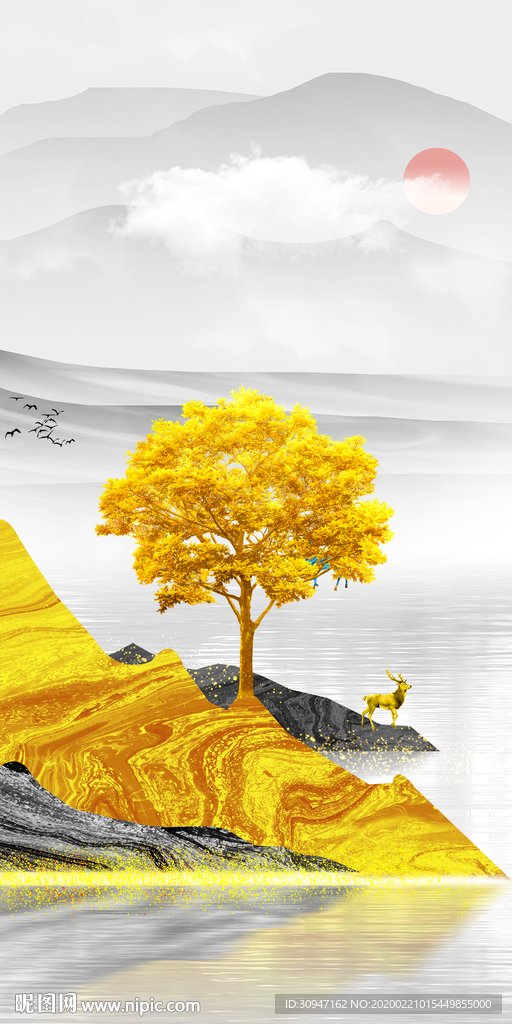 金色高档玄关山水 TIF分层