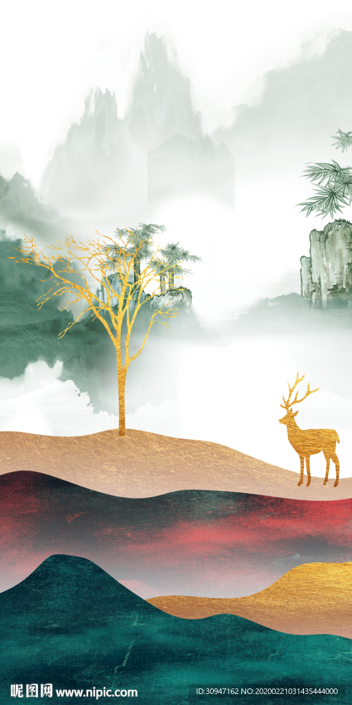 麋鹿玄关中式画 TIF分层