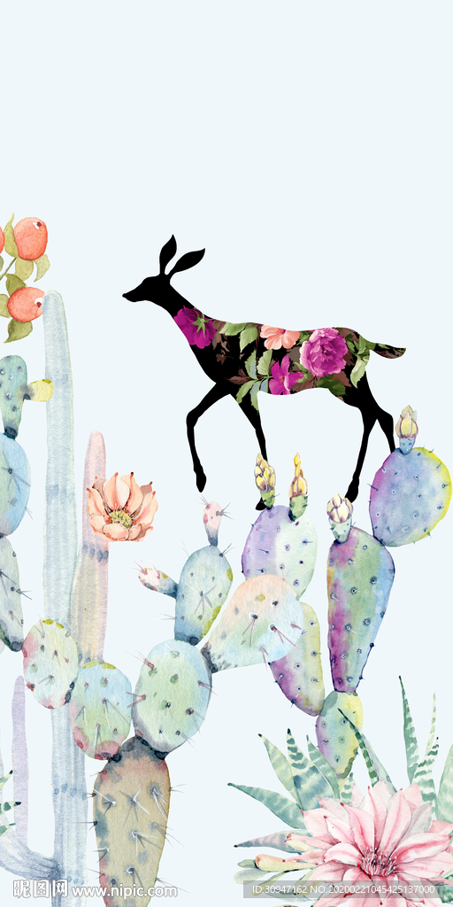 手绘麋鹿玄关画 tif分层