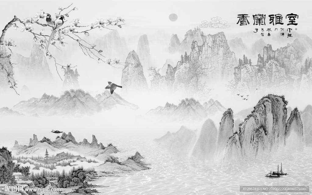 奢华山水画客厅墙 TIF分层