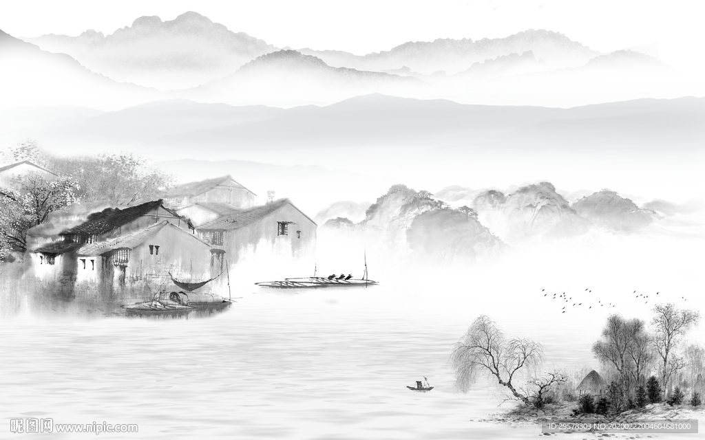 江南 山水画客厅墙 TIF分层