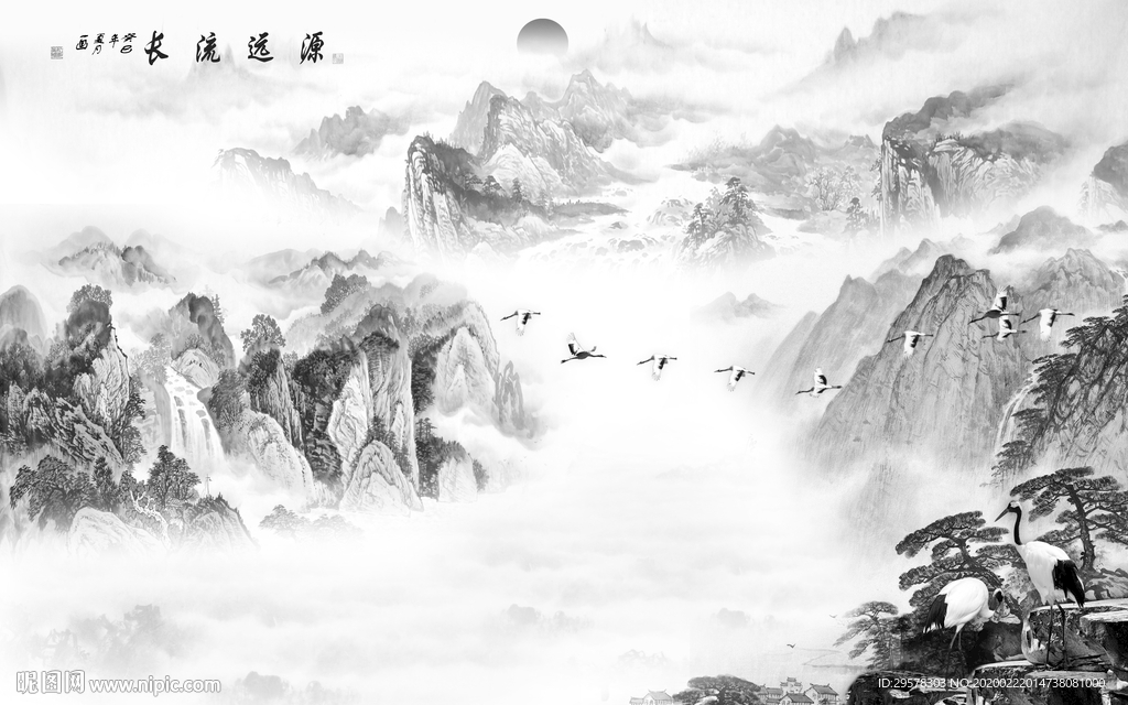 现代山水画客厅墙 TIF分层