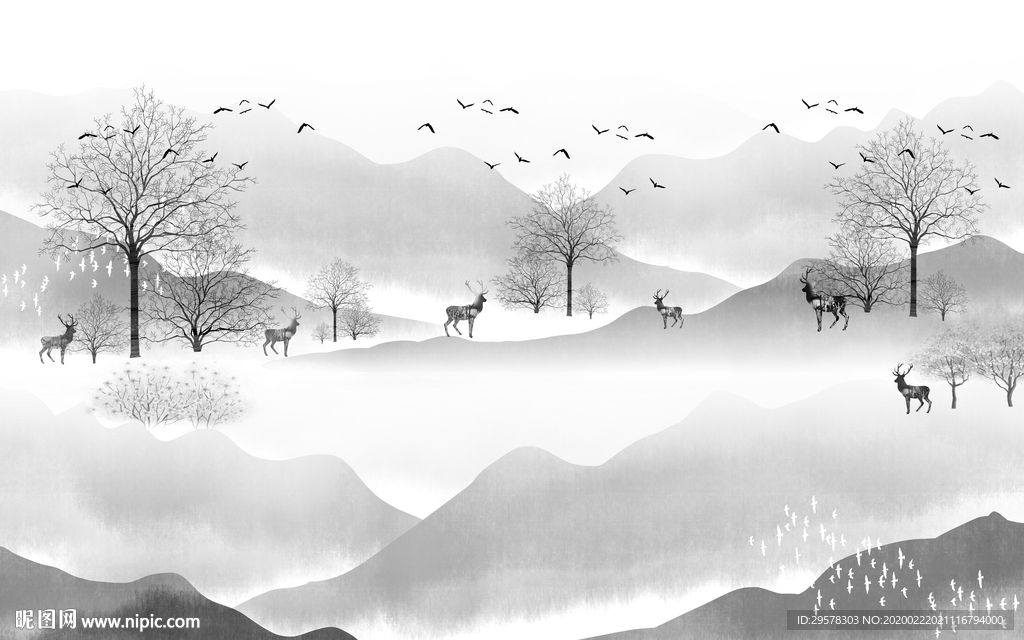 中国风山水画客厅墙 TIF分层