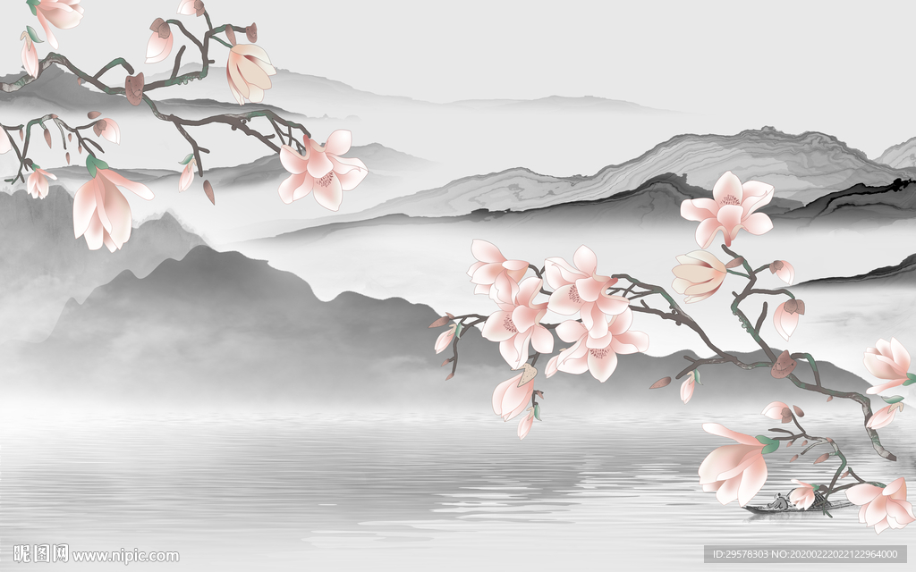 新中式山水画客厅墙 TIF分层