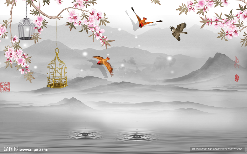 中式山水画客厅墙 TIF分层