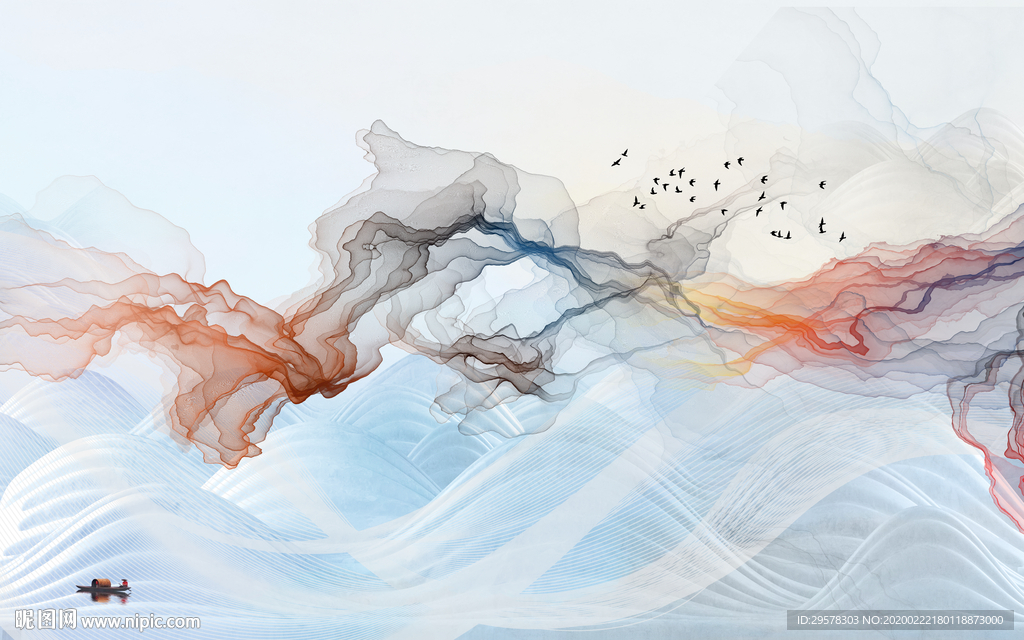 线条山水画客厅墙 TIF分层