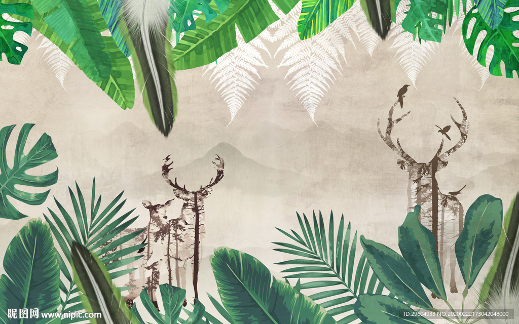 手绘欧式北欧墙画 tif分层