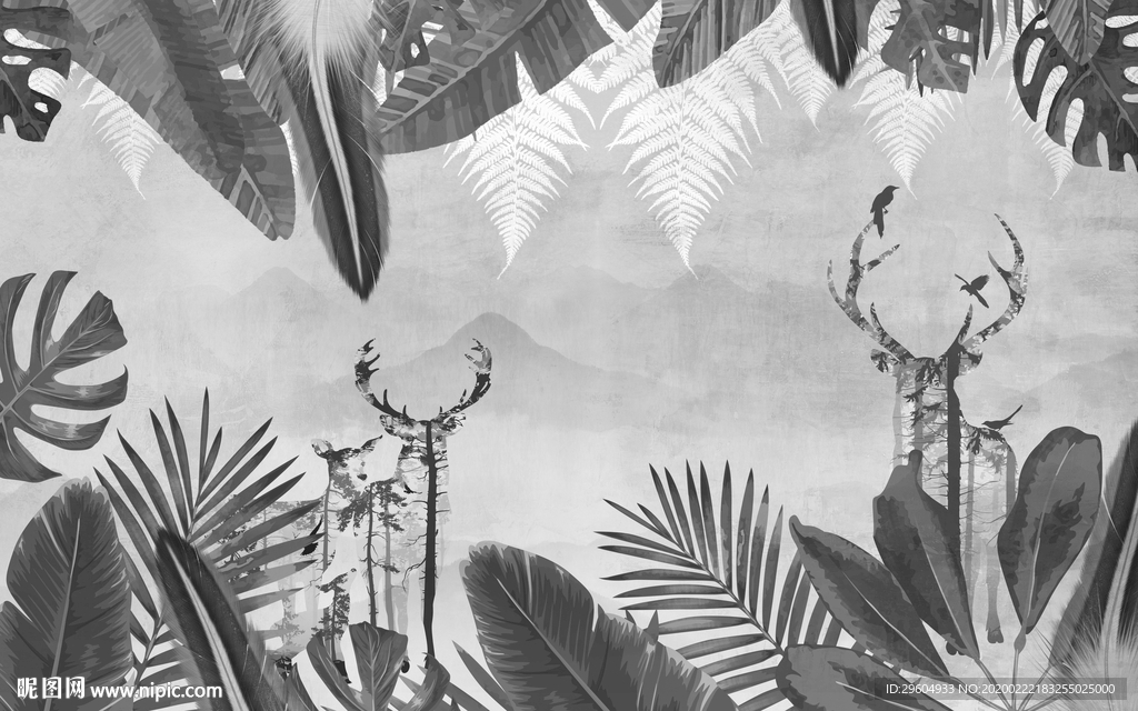 麋鹿 欧式北欧墙画 tif分层