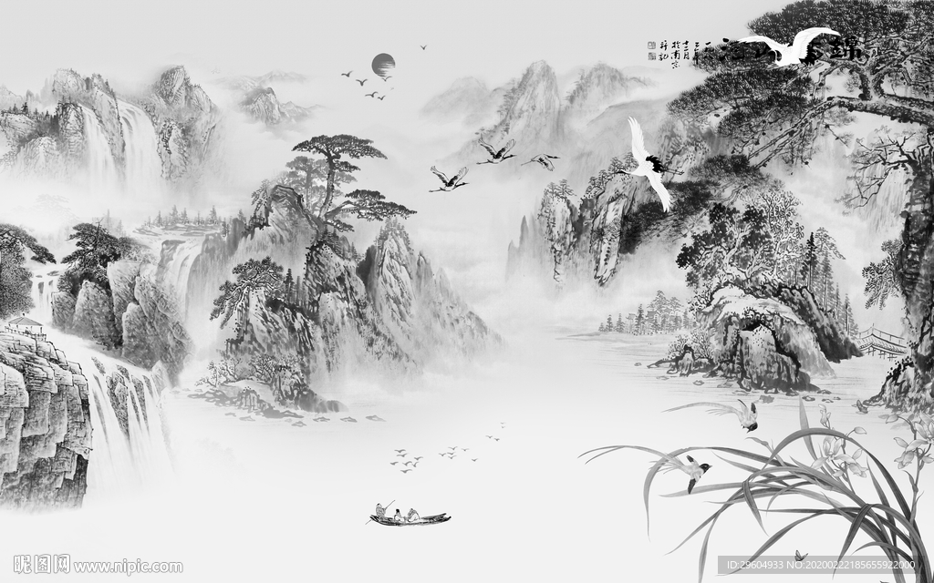 灰色新中式山水画 tif分层