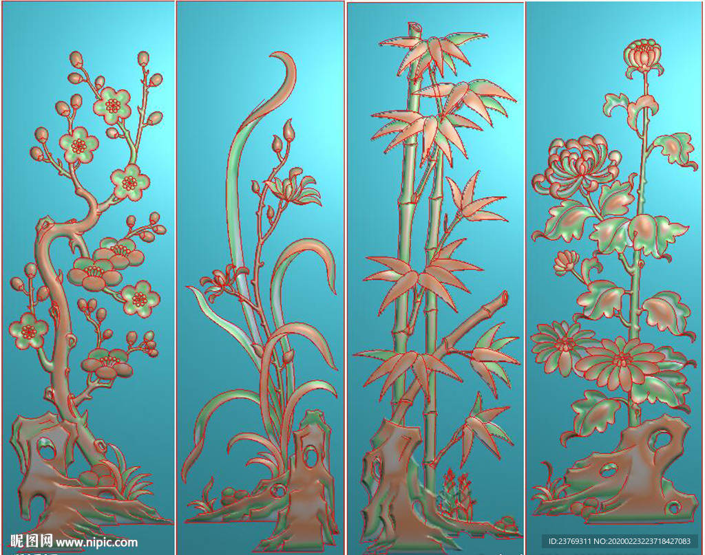 梅兰竹菊沙发背板花草精雕图浮雕