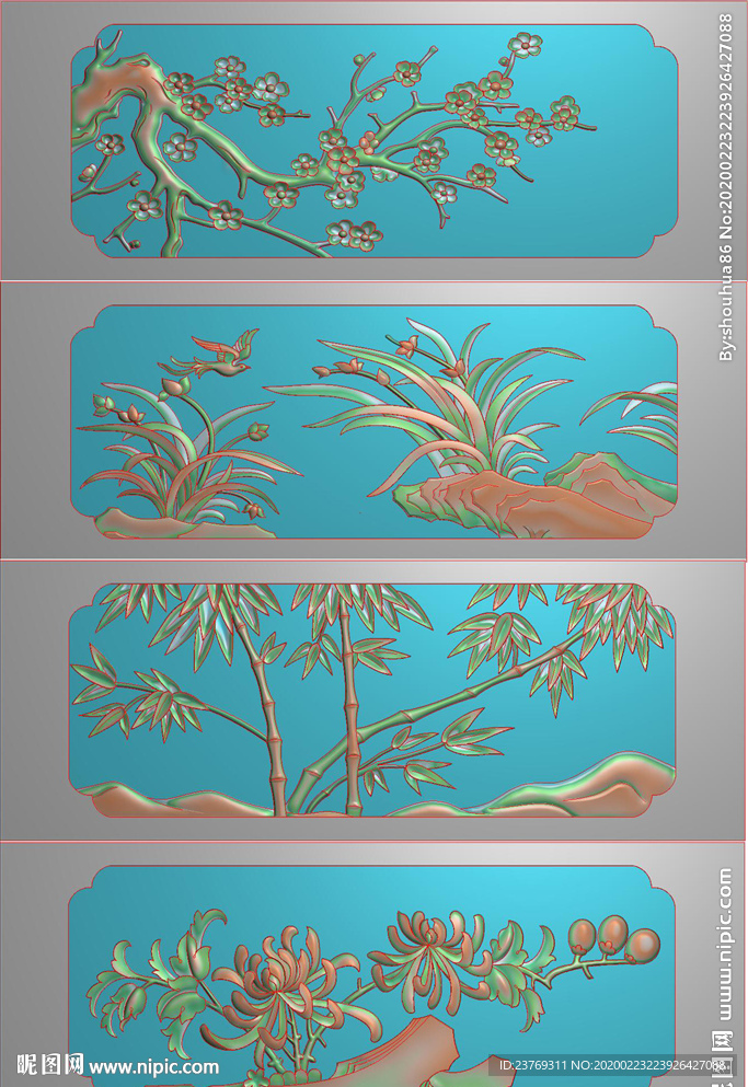 四季花梅兰竹菊栏板精雕图浮雕图