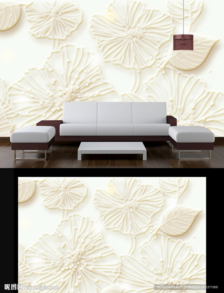3D浮雕花朵电视背景墙