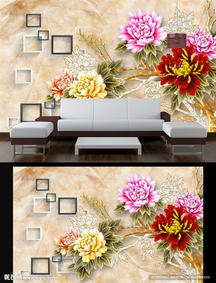 3D牡丹花朵电视背景墙