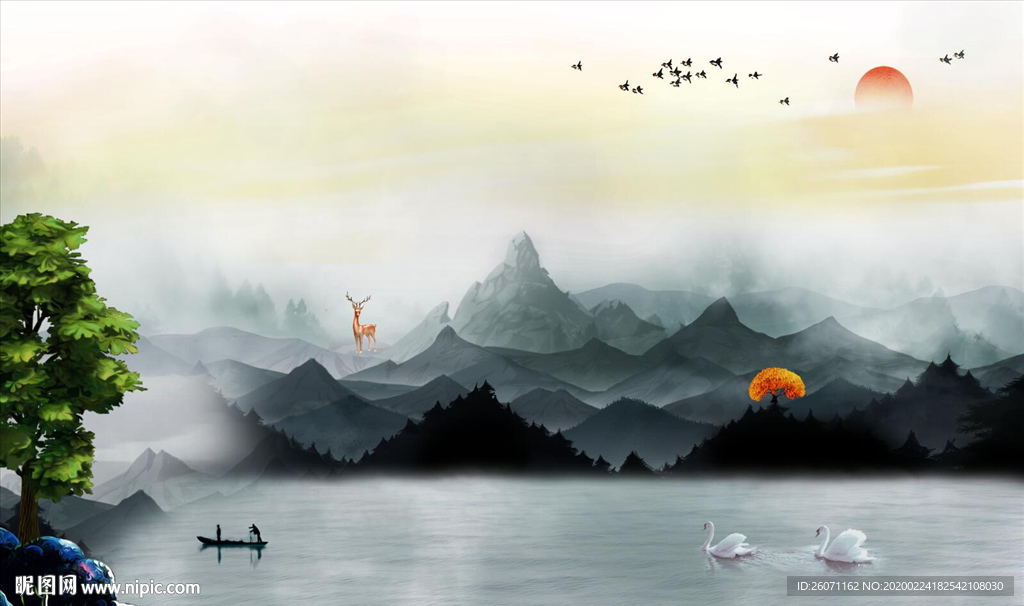 写意山水背景墙中国风山水壁画