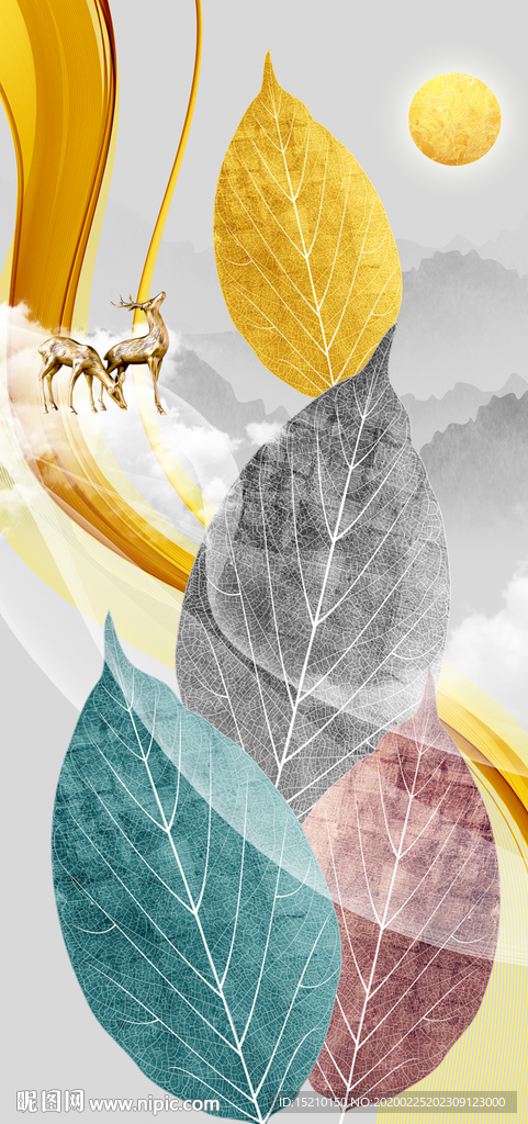 金色线条树叶玄关背景墙