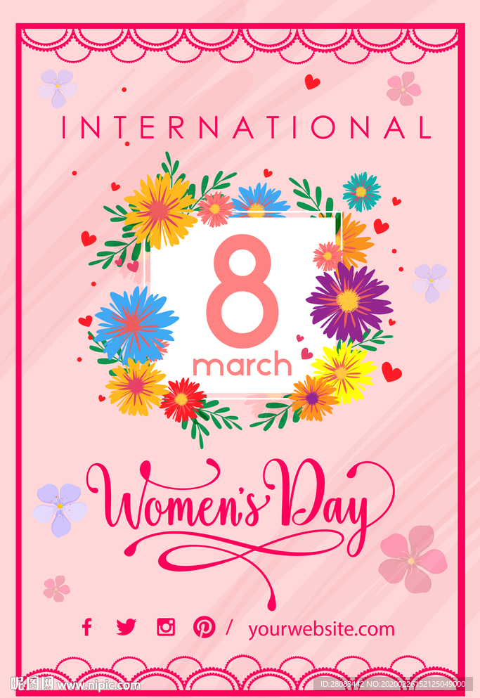 手绘小清新风鲜花花环女王节海报