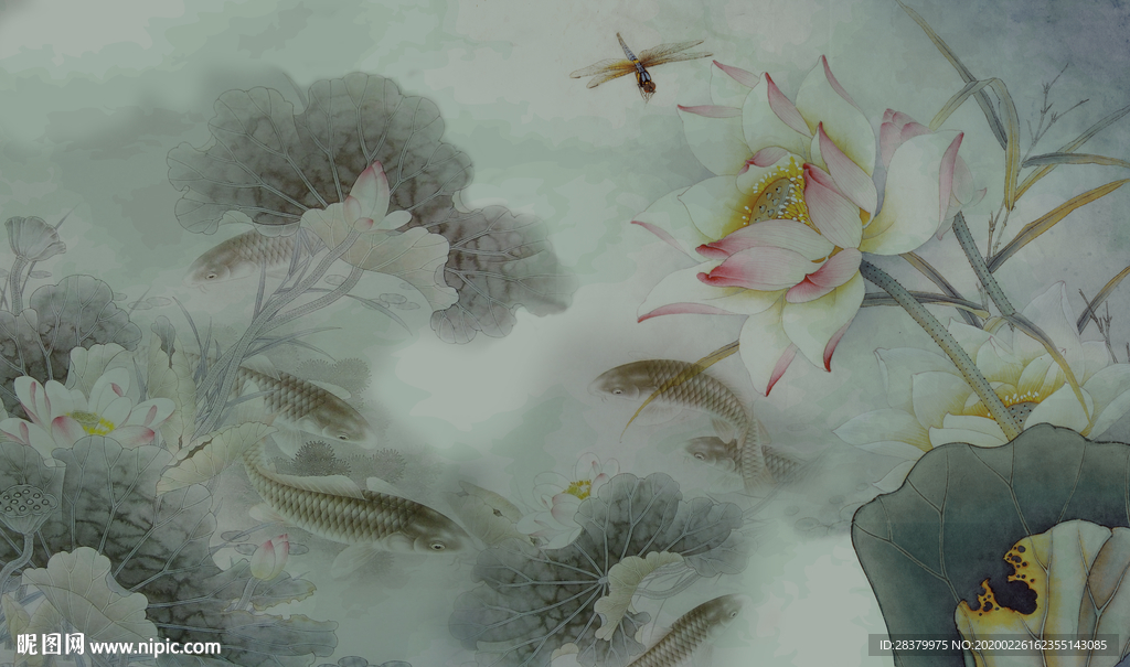 九鱼图中式背景墙大厅装饰画