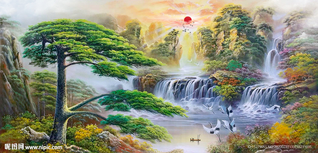 迎客松山水油画