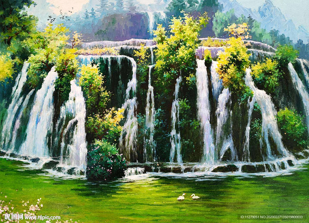 瀑布油画