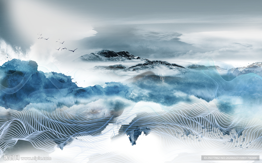 蓝色 别墅山水画 TIF分层画