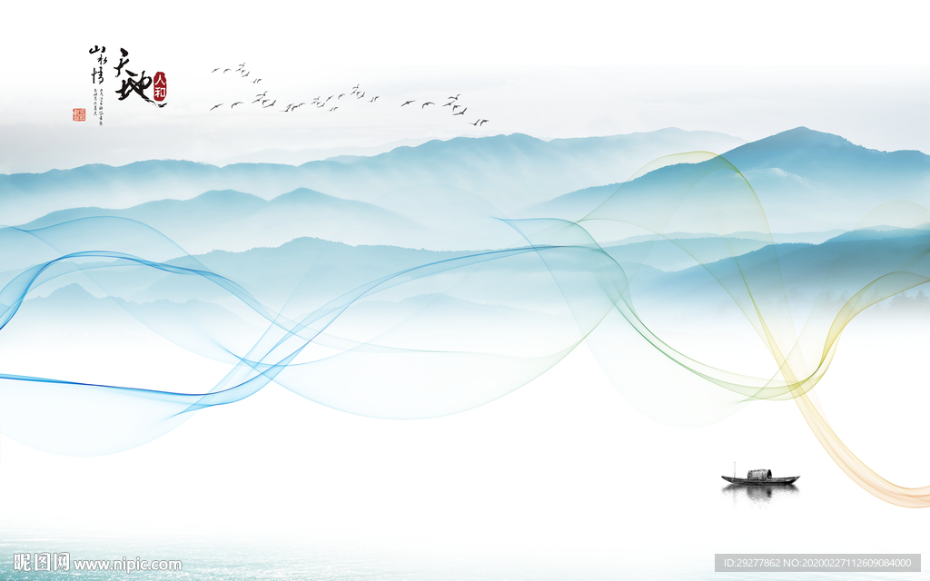 线条别墅山水画 TIF分层画