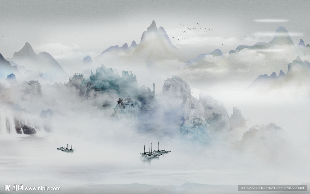 新中式别墅山水画 TIF分层画