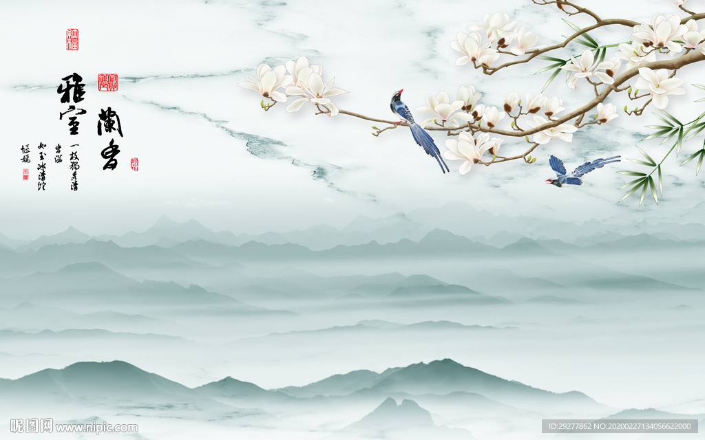 蓝色风景山水画 TIF分层画