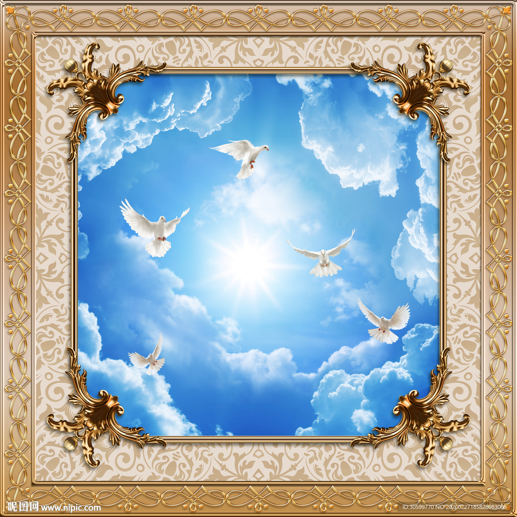 金色花纹边框蓝天吊顶