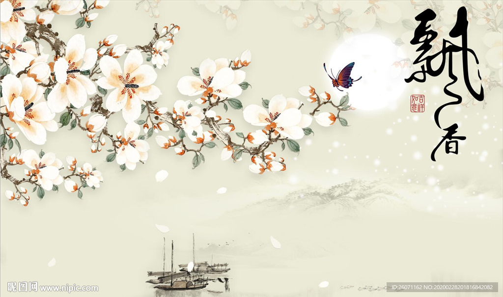 飘香工笔花鸟背景墙