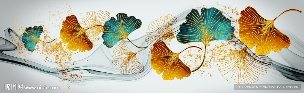 抽象金色植物叶子床头画